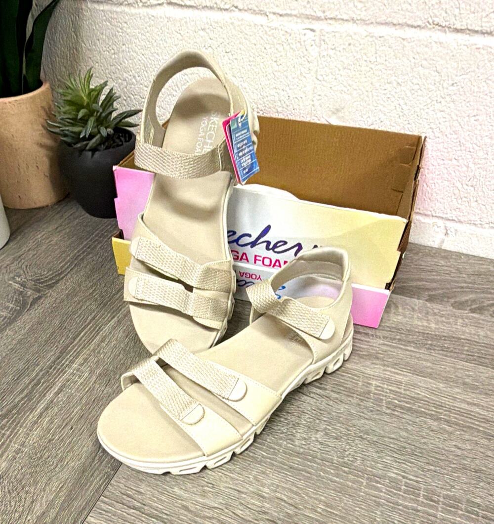 SKECHERS Yoga Foam Women's Beige Strappy Sandals Hook & Loop Adjustable Flat